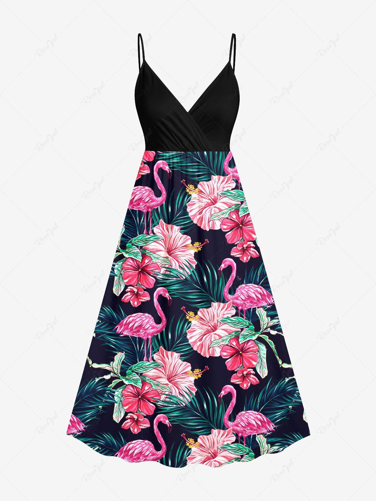 Robe camisole trapèze à imprimé flamant rose et feuilles tropicales grande taille, style hawaïen Noir XXS