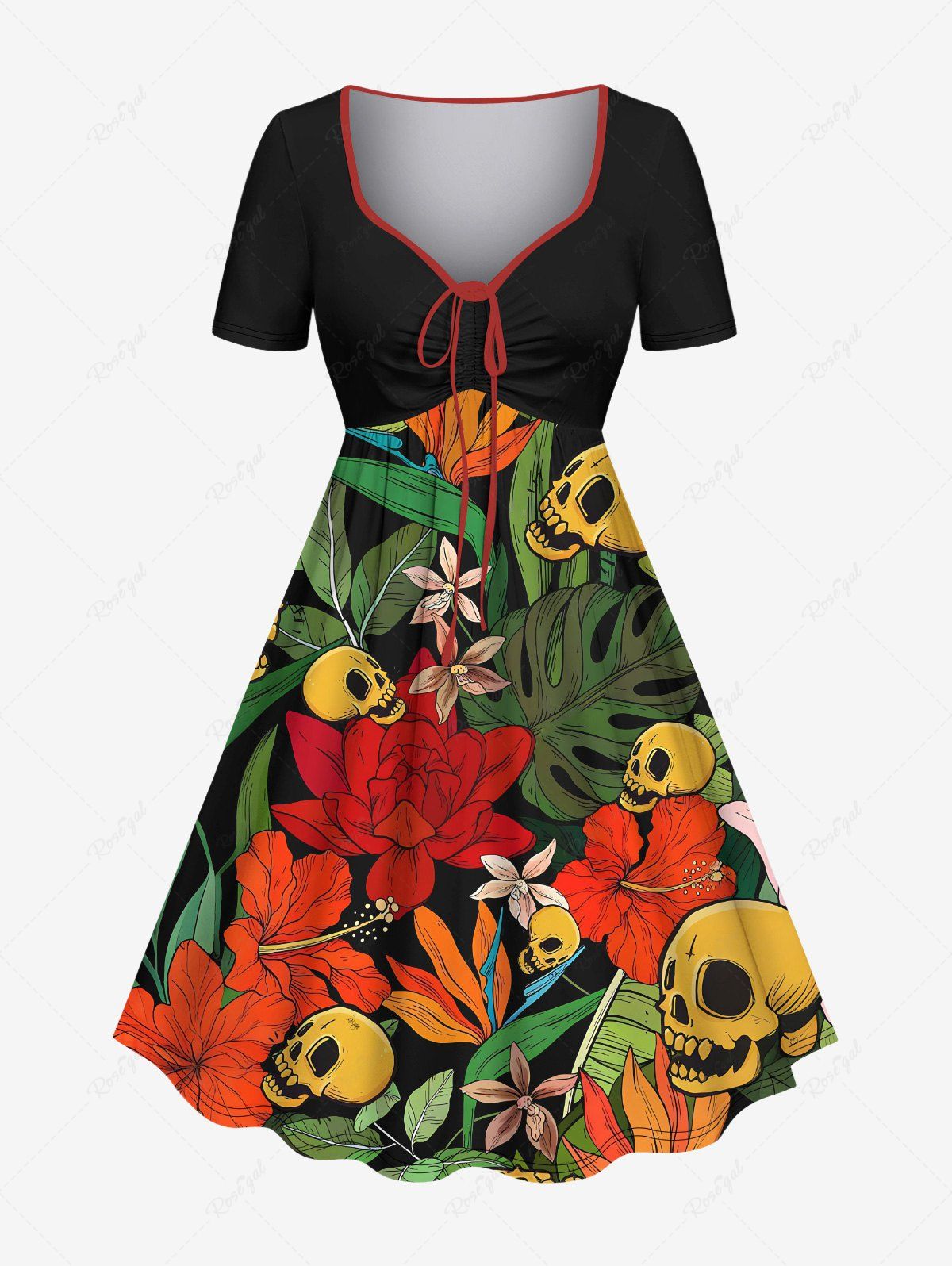 Robe trapèze cintrée grande taille à imprimé feuilles tropicales, fleurs et crânes, style hawaïen Noir XXS