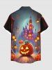 Chemise grande taille à boutons et poches pour homme, imprimé château de citrouilles d'Halloween et lampadaires - Noir 4XL