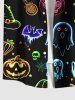 Chemise grande taille pour homme, motif citrouille, fantôme, chauve-souris, papillon, crânes, bonbons, étoiles, boutons et poches - Noir 4XL