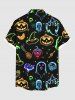 Plus Size Halloween Pumpkin Ghost Bat Butterfly Skulls Candy Star Print Buttons Pocket Shirt For Men -  