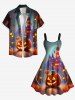 Plus Size Halloween Pumpkin Castle Street Light Print Tank Dress -  