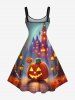 Plus Size Halloween Pumpkin Castle Street Light Print Tank Dress -  