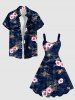 Robe débardeur hawaïenne grande taille à imprimé fleurs d'hibiscus et cocotiers - Bleu Marine M
