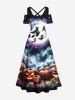 Plus Size Halloween Moon Pumpkin Maple Leaf Bat Cloud Print Cold Shoulder Crisscross Maxi Dress -  