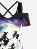 Plus Size Halloween Moon Pumpkin Maple Leaf Bat Cloud Print Cold Shoulder Crisscross Maxi Dress -  