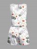 Plus Size Coconut Tree Hibiscus Flower Leaf Print Hawaii Drawstring Pocket Romper -  
