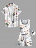 Plus Size Coconut Tree Hibiscus Flower Leaf Print Hawaii Drawstring Pocket Romper -  