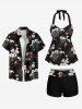 Tropical Leaf Hibiscus Flower Print Hawaii Twist Halter Backless Tankini Swimsuit -  
