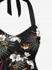 Tropical Leaf Hibiscus Flower Print Hawaii Twist Halter Backless Tankini Swimsuit -  