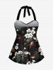 Tropical Leaf Hibiscus Flower Print Hawaii Twist Halter Backless Tankini Swimsuit -  