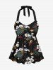 Tropical Leaf Hibiscus Flower Print Hawaii Twist Halter Backless Tankini Swimsuit -  