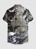 Plus Size Skull Flower Moon Music Symbol Print Ombre Button Pocket Shirt For Men -  