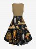 Robe trapèze vintage des années 1950 à imprimé chameau et oiseaux, grande taille, motif momie pharaon et pyramide - Bronze XXS