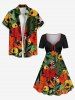 Robe trapèze cintrée grande taille à imprimé feuilles tropicales, fleurs et crânes, style hawaïen - Noir M
