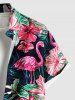 Plus Size Tropical Leaf Hibiscus Flower Flamingo Print Hawaii Button Pocket Shirt For Men -  