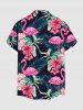 Plus Size Tropical Leaf Hibiscus Flower Flamingo Print Hawaii Button Pocket Shirt For Men -  