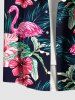 Plus Size Tropical Leaf Hibiscus Flower Flamingo Print Hawaii Button Pocket Shirt For Men -  