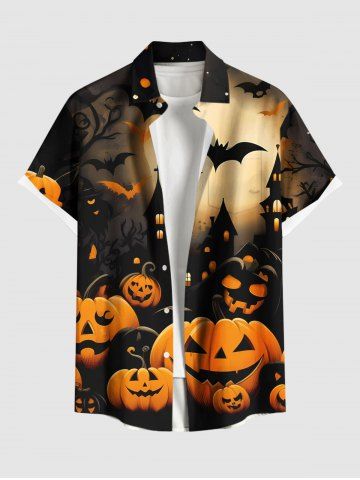 Plus Size Halloween Pumpkin Bat Moon Print Buttons Pocket Shirt For Men - BLACK - S
