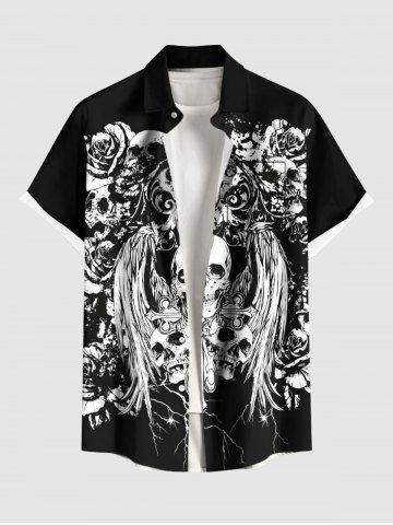 Plus Size Halloween Skulls Flowers Wings Print Buttons Pocket Shirt For Men - BLACK - S