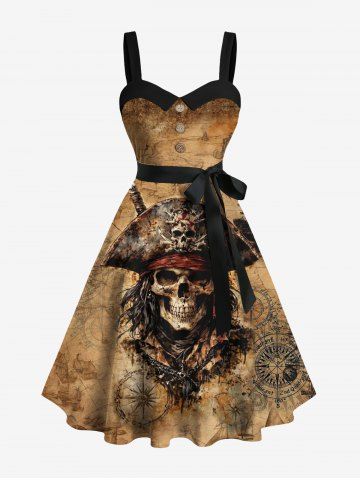 Plus Size Halloween Skull Pirated Ship Rudder Print Buttons Turn Down Collar Dress With Belt - BROWN - 6X