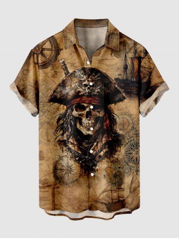 Plus Size Halloween Skull Pirated Ship Rudder Print Buttons Pocket Shirt For Men - BROWN - 6XL