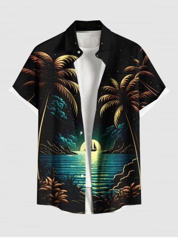 Plus Size Coconut Tree Sun Boat Seascape Print Buttons Pocket Hawaii Shirt For Men - BLACK - S