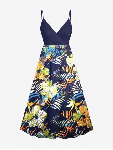 Plus Size Hibiscus Flowers Tropical Leaf Print Surplice Hawaii Cami Dress - NAVY BLUE - 4X