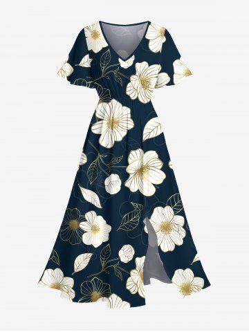Plus Size Flowers Leaf Print Split Hawaii Midi Dress - BLACK - XS