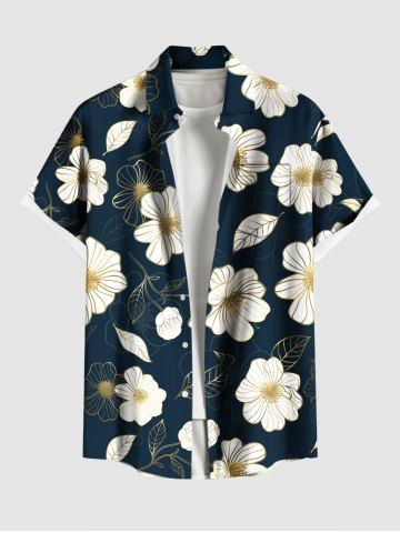 Plus Size Flowers Leaf Print Buttons Pocket Hawaii Shirt For Men - BLACK - 2XL