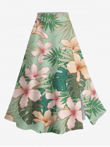 Plus Size Flowers Tropical Leaf Print Split Hawaii Skirt - GREEN - XS