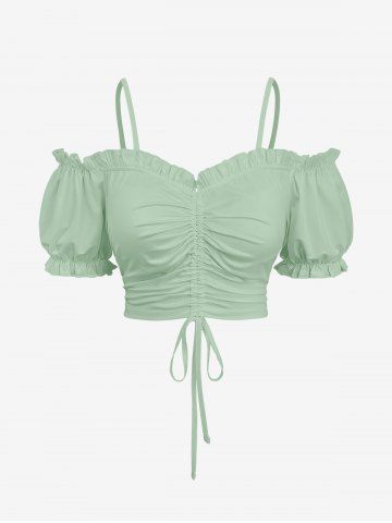 Plus Size Cinched Ruched Ruffles Cold Shoulder Cami Top - GREEN - 6X