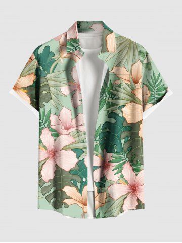 Plus Size Flowers Tropical Leaf Print Buttons Pocket Hawaii Shirt For Men - GREEN - 2XL