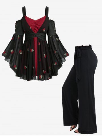 Cherry Embroidery Twsit Lace-up Flare Sleeve Cold Shoulder Top and Wide Leg Pants Plus Size Outfit - BLACK