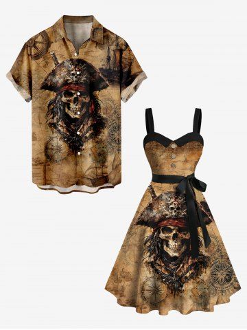 Halloween Skull Pirated Ship Rudder Print Plus Size Matching Outfit For Couples - BROWN