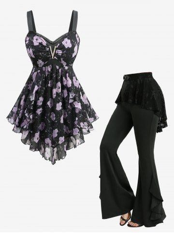 Flowers Watercolor Print Top and Skull Fishnet Overlay Ruffles Skirted Flare Pants Plus Size Outfit - BLACK