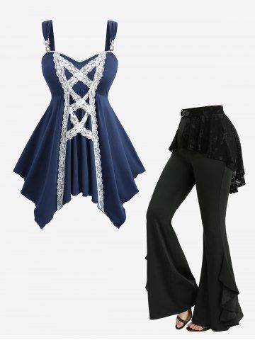 Lace-up Two Tone Handkerchief Top and Skull Fishnet Overlay Ruffles Skirted Flare Pants Plus Size Outfit - BLUE