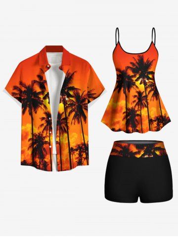 Coconut Tree Ombre Dusk Sunset Print Shirt Swimsuit Plus Size Matching Hawaii Beach Outfit For Couples - ORANGE