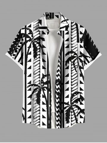 Plus Size Coconut Tree Geometric Graphic Print Hawaii Button Pocket Shirt For Men - BLACK - 6XL
