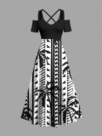 Plus Size Coconut Tree Geometric Graphic Print Hawaii Cold Shoulder Crisscross A Line Maxi Dress - BLACK - 6X