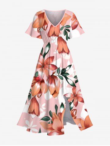 Plus Size Flower Leaf Branch Print Hawaii Split A Line Midi Dress - LIGHT PINK - 5X