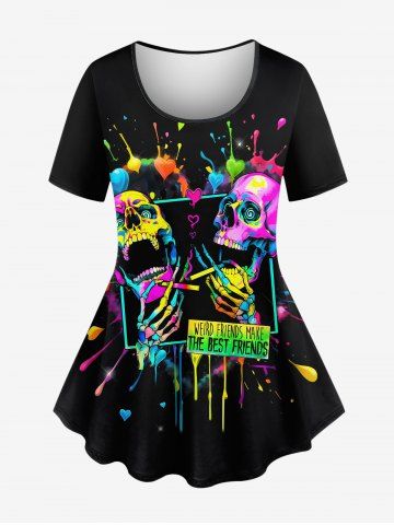 Plus Size Colorful Skull Skeleton Heart Painting Splatter Print Women T-shirt - BLACK - L