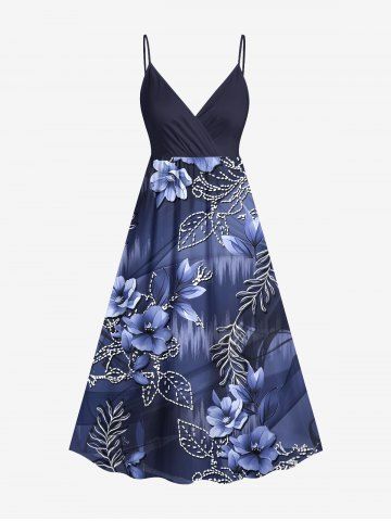 Plus Size Flower Leaf Branch Waterwave Print Hawaii Surplice A Line Cami Dress - BLUE - XS