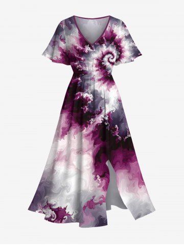 Plus Size Spiral Tie Dye Print Hawaii Split Pocket A Line Midi Dress - PURPLE - XS