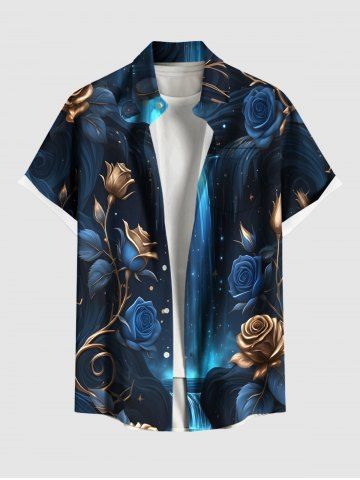 Plus Size Rose Flower Fall Galaxy Print Hawaii Button Pocket Shirt For Men