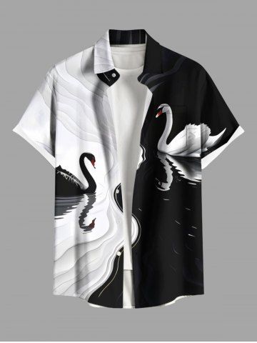 Plus Size Contrast Colorblock Two Tone Swan Print Hawaii Button Pocket Shirt For Men - BLACK - S