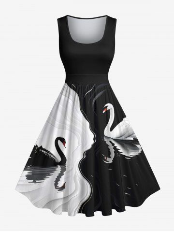 Plus Size Contrast Colorblock Two Tone Swan Print Hawaii 1950s Vintage Swing A Line Dress - BLACK - XS