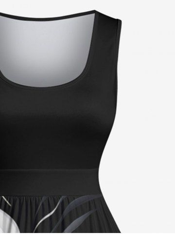 Plus Size Contrast Colorblock Two Tone Swan Print Hawaii 1950s Vintage Swing A Line Dress