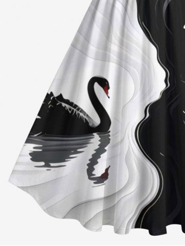 Plus Size Contrast Colorblock Two Tone Swan Print Hawaii 1950s Vintage Swing A Line Dress