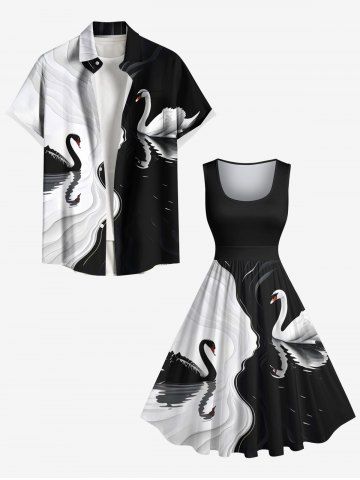 Plus Size Contrast Colorblock Two Tone Swan Print Hawaii 1950s Vintage Swing A Line Dress